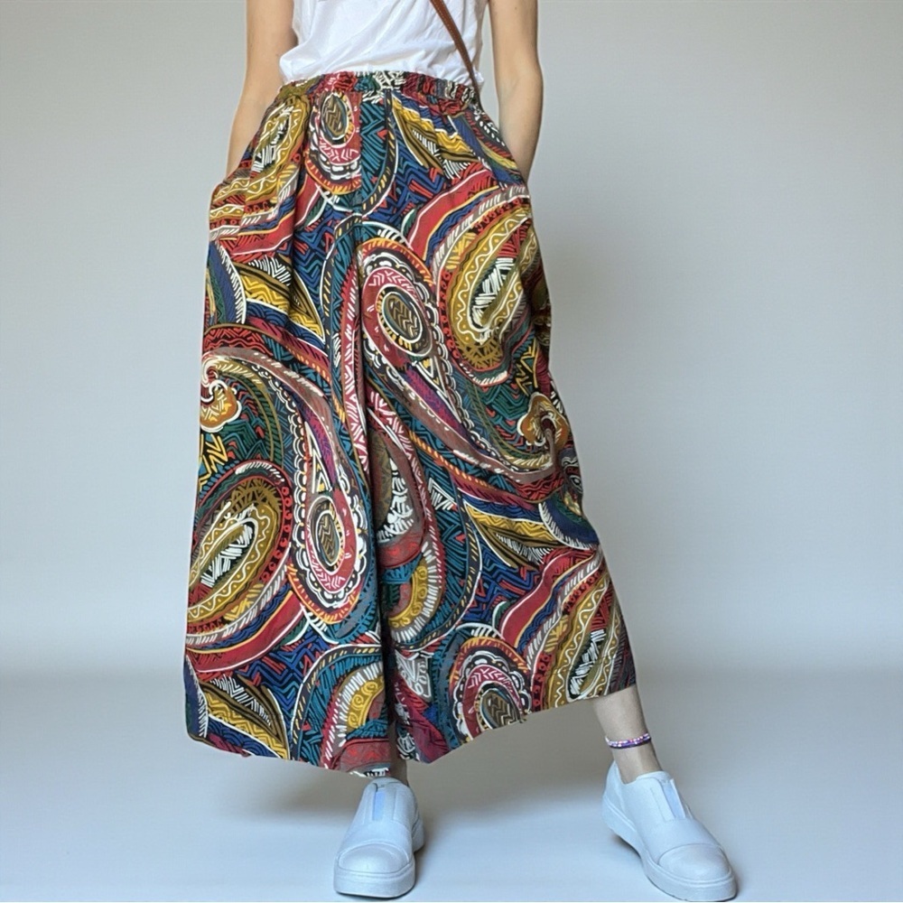 VTG 90s Gene Ewing Paisley Wide Leg Pants Artcore Streetwear Palazzo Pant Small - Picture 2 of 13